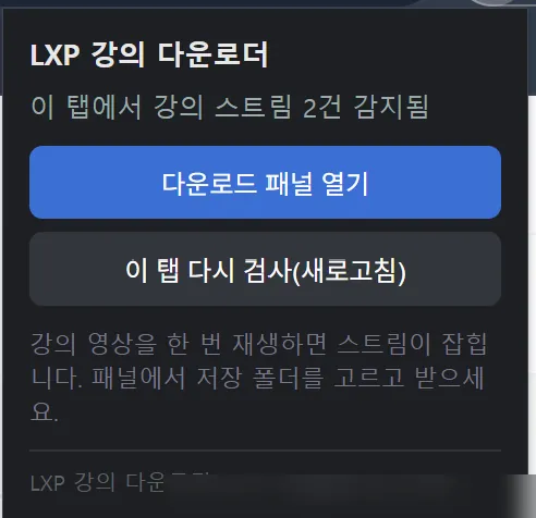 강의 재생 후 스트림이 감지된 패널