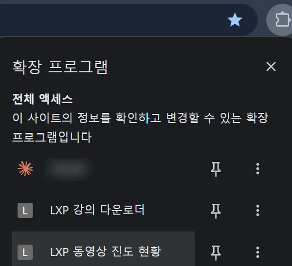 확장 메뉴에서 진도 현황 핀 고정